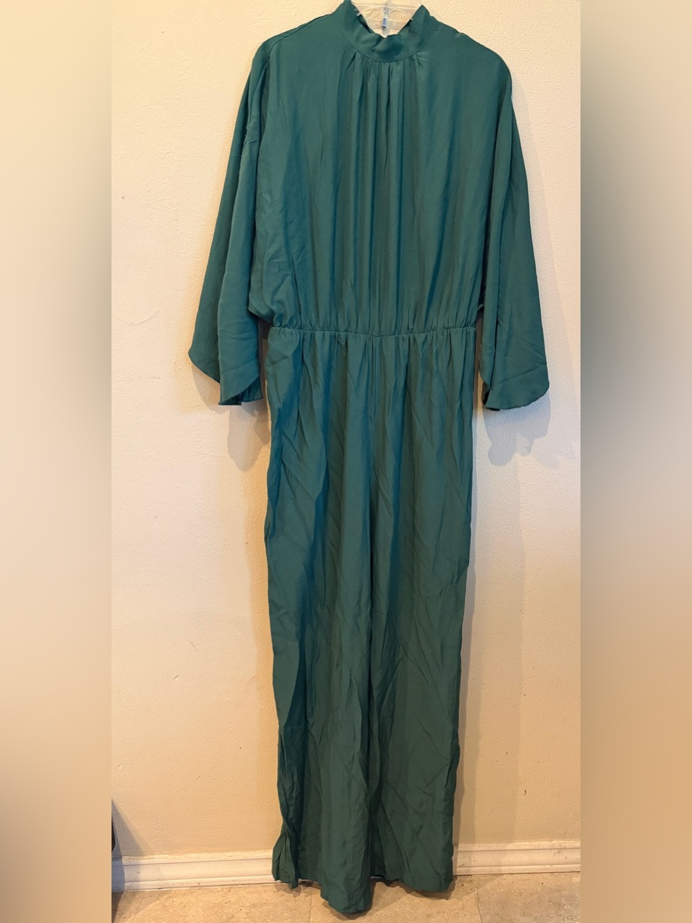 Vintage Style Teal High Neck Wide Leg Jumpsuit XL Tie Back Long Sleeve